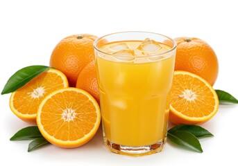 A refreshing glass of orange juice with ice surrounded by fresh oranges and green leaves