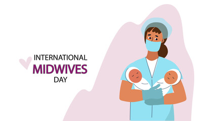 Woman Midwife with Baby. International Midwives Day celebration. Healthcare professional holding newborn, motherhood and pediatric care for greeting card. 