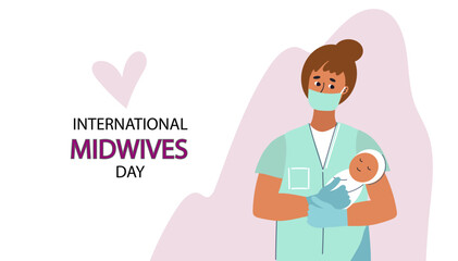 Woman Midwife with Baby. International Midwives Day celebration. Healthcare professional holding newborn, motherhood and pediatric care for greeting card.  vector hand drawn flat line art illustration