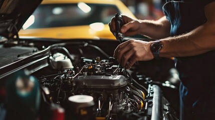 A car mechanic tuning a sports car engine with precision.