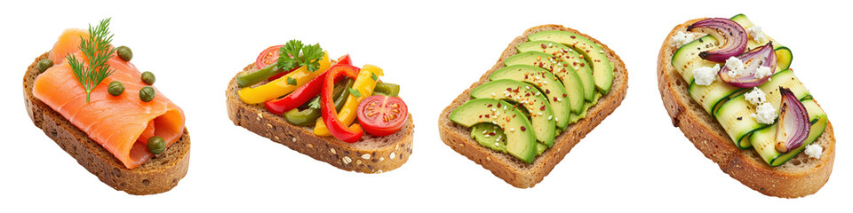 Four openfaced sandwiches with smoked salmon, peppers, avocado, and zucchini toppings.