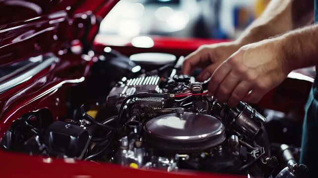 A car mechanic tuning a sports car engine with precision.