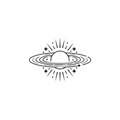 Minimalist Celestial Line Art: Planet with Rings and Stars