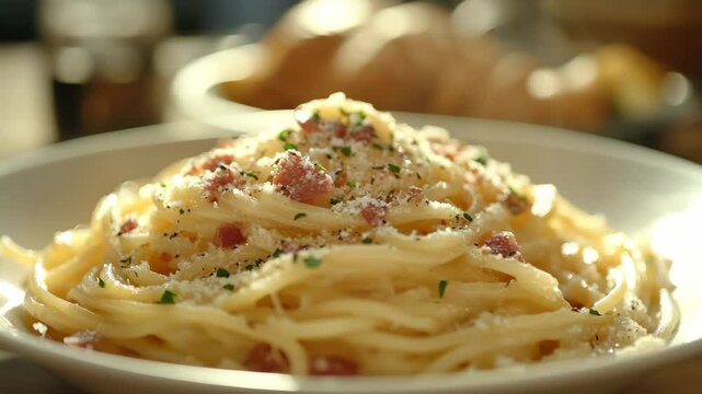 A plate of spaghetti carbonara with a creamy sauce and crispy bacon