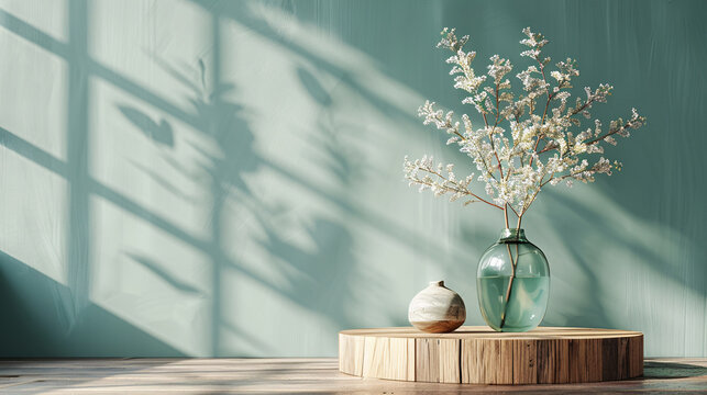 A luxury product presentation setup with a wooden pedestal against a pastel green wall, offering a clean and minimalistic space for showcasing items
