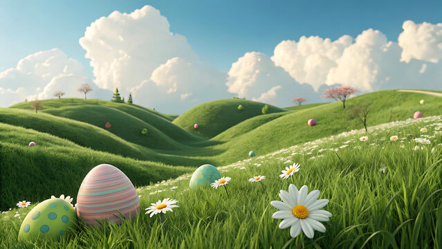 Pastel Easter eggs nestled in a vibrant, sun-drenched meadow brimming with daisies and rolling green hills under a cheerful, cloudy sky.