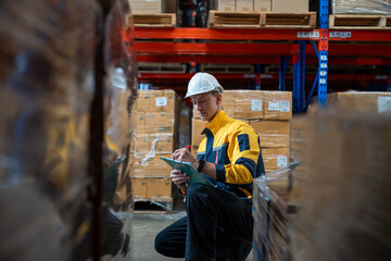Man warehouse worker wearing uniform and helmet safety with clipboard for checking stock products...
