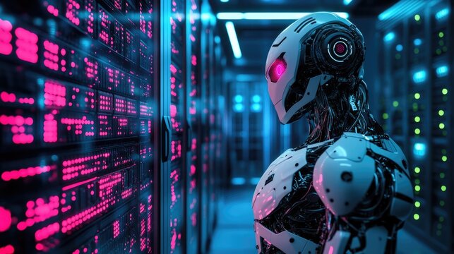 A futuristic robotic figure with a digital