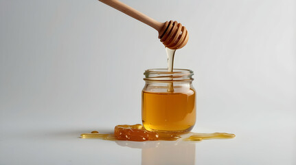 Honey pouring into jar on white background........