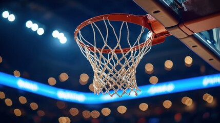 Basketball hoop and net in action.  Close-up view of a basketball hoop and net, set against a blurry background of stadium lights and a dimly lit arena.  The hoop is orange, and the net is white