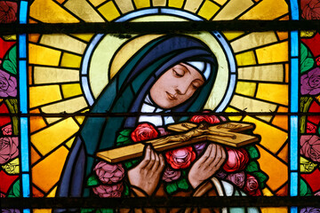 Stained glass of St. Therese of Lisieux or Thérèse de Lisieux, Carmelite nun and Saint of the...