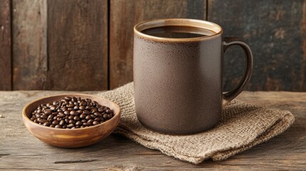 A cup of coffee with small white ceramic dish full of coffee beans on wooden background.