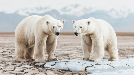 Surreal Environmental Warning, Polar bears standing on shrinking ice platform, showcasing climate change impact