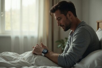 Man Checking His Fitness Tracker, Monitoring Health Data and Progress on a Wearable Device