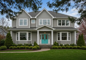Obraz premium A gray two story house with a turquoise door and a green lawn on a sunny day in the suburbs