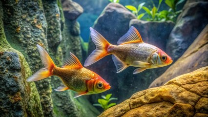 Naklejka premium Underwater Scene of Goldfish Swimming Among Rocks and Greenery