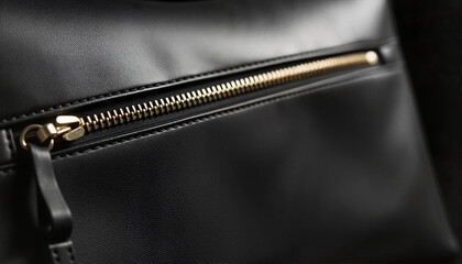 Close-up of a black leather bag zipper for fashion blogs, websites, accessory design, online stores, luxury branding, merchandise, product photography, and promotional materials