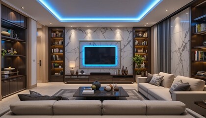Modern Luxury Living Room with LED Ambient Lighting and Elegant Interior Design.