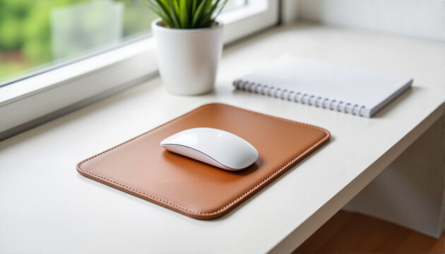 Desk setup with a white mouse on a brown mousepad beside a plant and notepad for blogs, websites, office designs, productivity tips, workspace inspiration, and digital marketing materials -