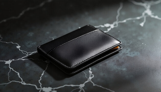 Black leather wallet on a textured dark surface for blogs, websites, fashion articles, lifestyle content, product showcases, online stores, and branding materials