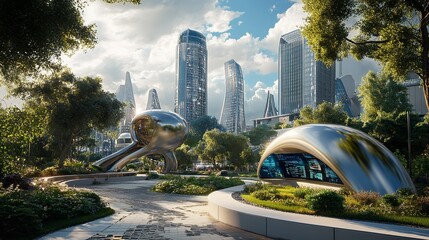 Obraz premium Futuristic City Park Modern Architecture Design Steel Sculptures Green Landscape Urban Environment Digital Art Highrise Buildings Sunny Day Advanced 