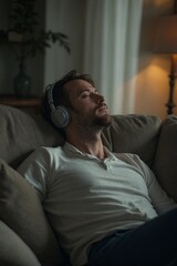 Obraz premium Relaxed Man Listening to Music with Headphones While Resting on a Comfortable Sofa in a Dimly Lit Room
