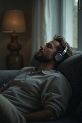 Obraz premium Relaxed Man Listening to Music with Headphones While Resting on a Comfortable Sofa in a Dimly Lit Room