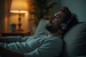 Fototapeta premium Relaxed Man Listening to Music with Headphones While Resting on a Comfortable Sofa in a Dimly Lit Room