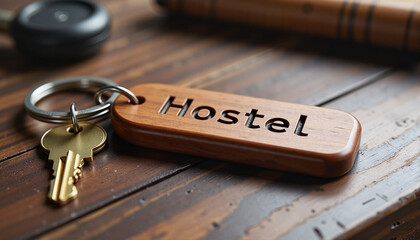 Keychain with hostel tag on wooden table for travel blogs, websites, hospitality promotions, accommodation platforms, adventure planning, and travel-themed designs