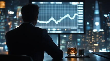 Caucasian male analyzing financial graph in modern office at night