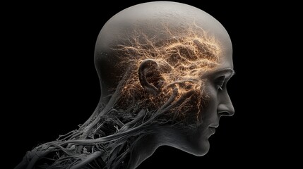 Obraz premium Hybrid biomechanical humanoid portrait abstract cyber environment mechanical form close-up view