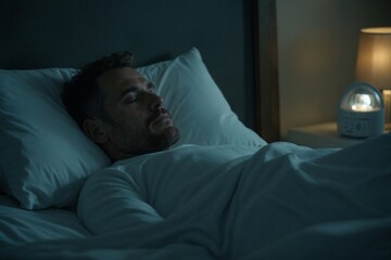 Fototapeta premium Nighttime Routine for Healthy Sleep: A Man Resting Peacefully in Bed, Ideal for Sleep Aid and Relaxation Product Advertisements