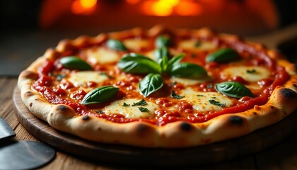 : Wood-Fired Margherita Pizza + Fresh Basil & Melted Mozzarella + Authentic Italian Cuisine + Food Photography