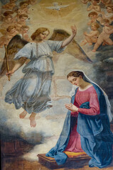 Naklejka premium Painting (19th century) of Annunciation to the Blessed Virgin Mary by the Archangel Gabriel.