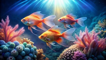 Fototapeta premium Colorful Goldfish Swimming Above Vibrant Coral Reef Underwater Scene