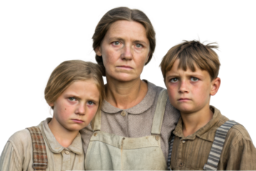 Family portrait of rural individuals showcasing resilience and emotion in a historical setting with children and mother