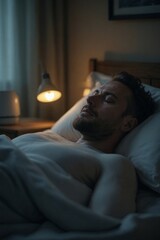 Fototapeta premium Peaceful Sleep and Tranquil Rest: A Man Sleeping Soundly in a Dimly Lit Bedroom for Health, Wellness, and Lifestyle Content