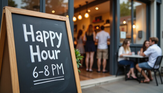 Happy hour chalkboard sign outside café with patrons enjoying drinks for blogs, websites, hospitality themes, social media, event promotions, and marketing materials