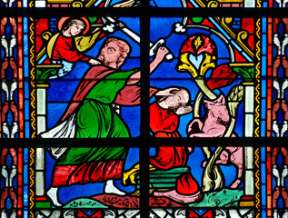 Stained glass (Nineteenth century) of Abraham is stopped by an angel as he prepares to sacrifice...