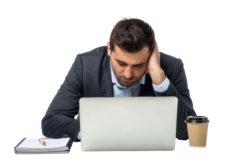 Stressful work moment at desk with laptop and coffee during a busy day