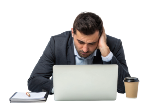 Stressful work moment at desk with laptop and coffee during a busy day