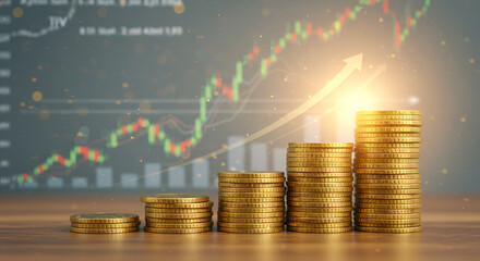 Stacks of gold coins with an upward trend graph, symbolizing financial growth, investment success, and wealth accumulation.