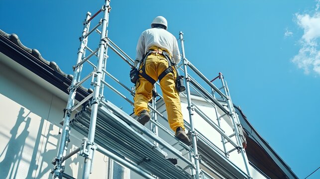 A construction worker in safety gear stands atop a tall scaffolding platform while working on a house exterior renovation project.