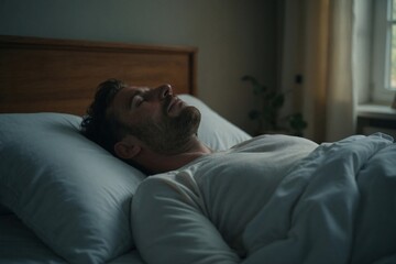 Fototapeta premium Peaceful Man Lying in Bed Practicing Deep Relaxation Techniques for Better Sleep and Overall Health