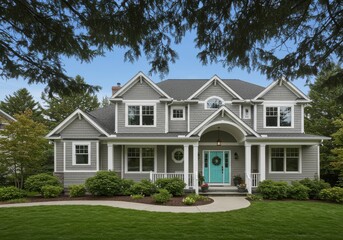 Exterior view of a gray house with a turquoise door and a well manicured lawn and landscaping