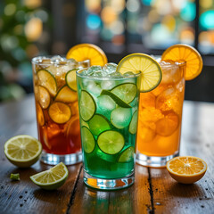 Fototapeta premium Citrus Infusion: Refreshing Iced Drinks with Lime and Orange Slices on Wood Table, Bokeh Background