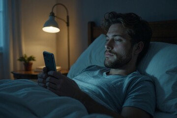 Fototapeta premium Young Man Checking Sleep Analysis App on His Smartphone in Bed at Night, Monitoring Sleep Quality for Digital Wellbeing and Healthy Habits