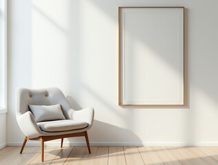 Minimalist, japandi style interior design of modern living room. Boucle armchair nea white wall with big mock up frame.