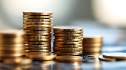 Stacks of gold coins representing financial growth and wealth accumulation on a blurred financial chart background.