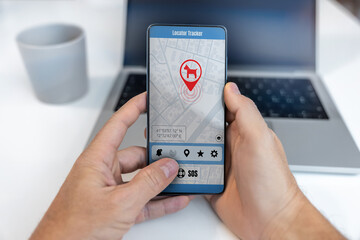 Pet locator app on smartphone. Remote find your Dog in real time and follow. GPS phone application